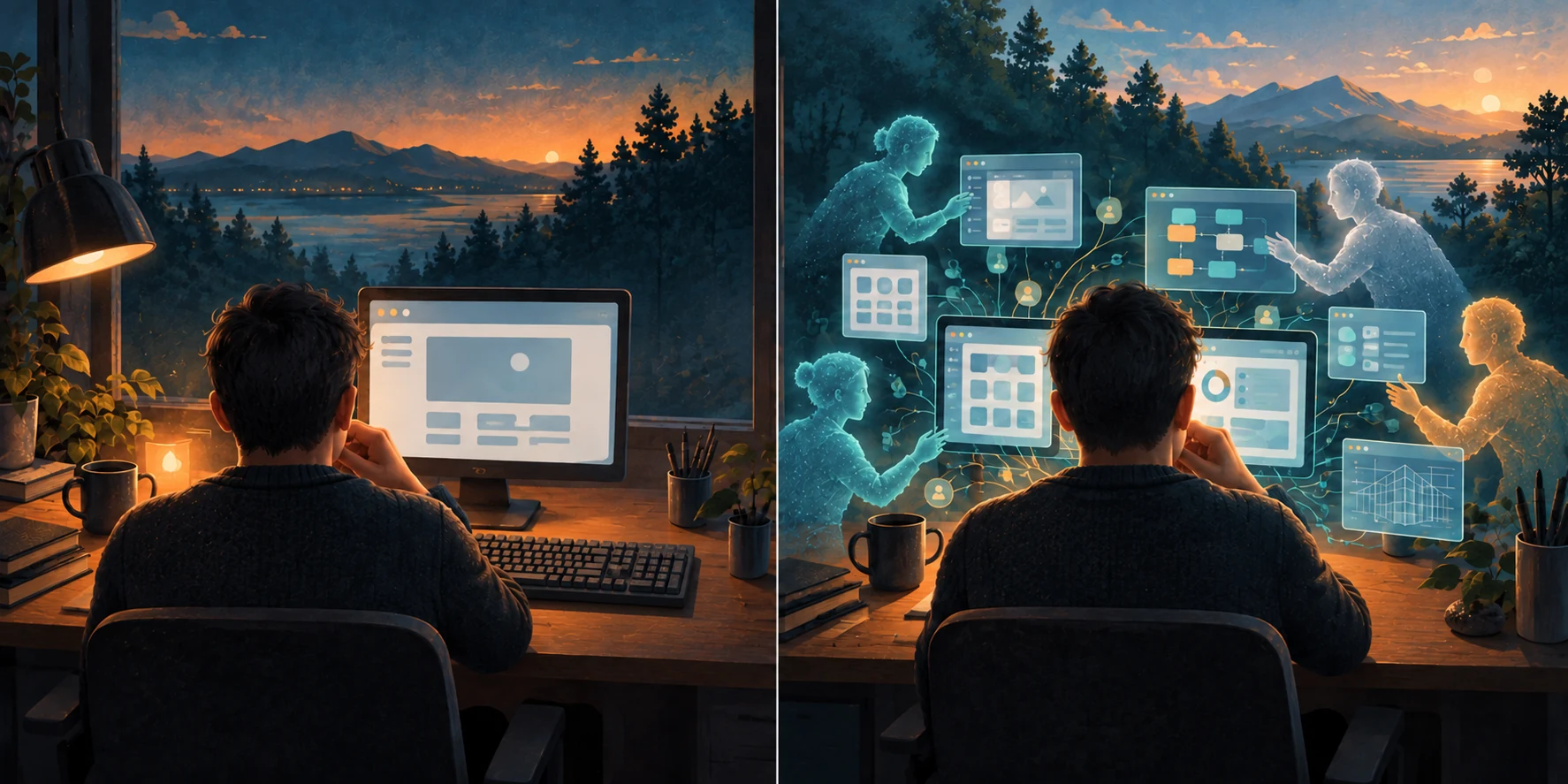 The same programmer sits at a keyboard alone on the left and works with AI collaborators on the right.
