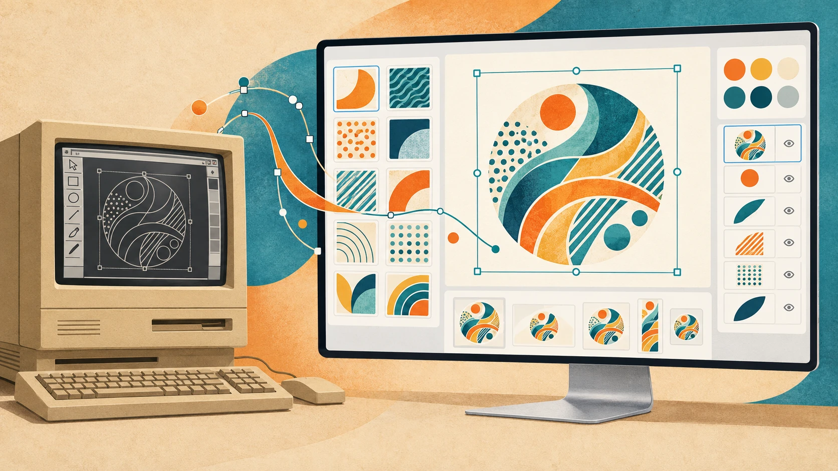 An old computer and a modern custom image editor show the same abstract design, with pattern choices, color swatches, layers, and export previews.